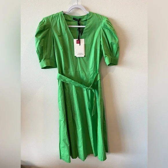 Designer - Tara Jarmon Paris - Ranya Poplin Woven V Neck Belted Midi Dress  - US8 Women